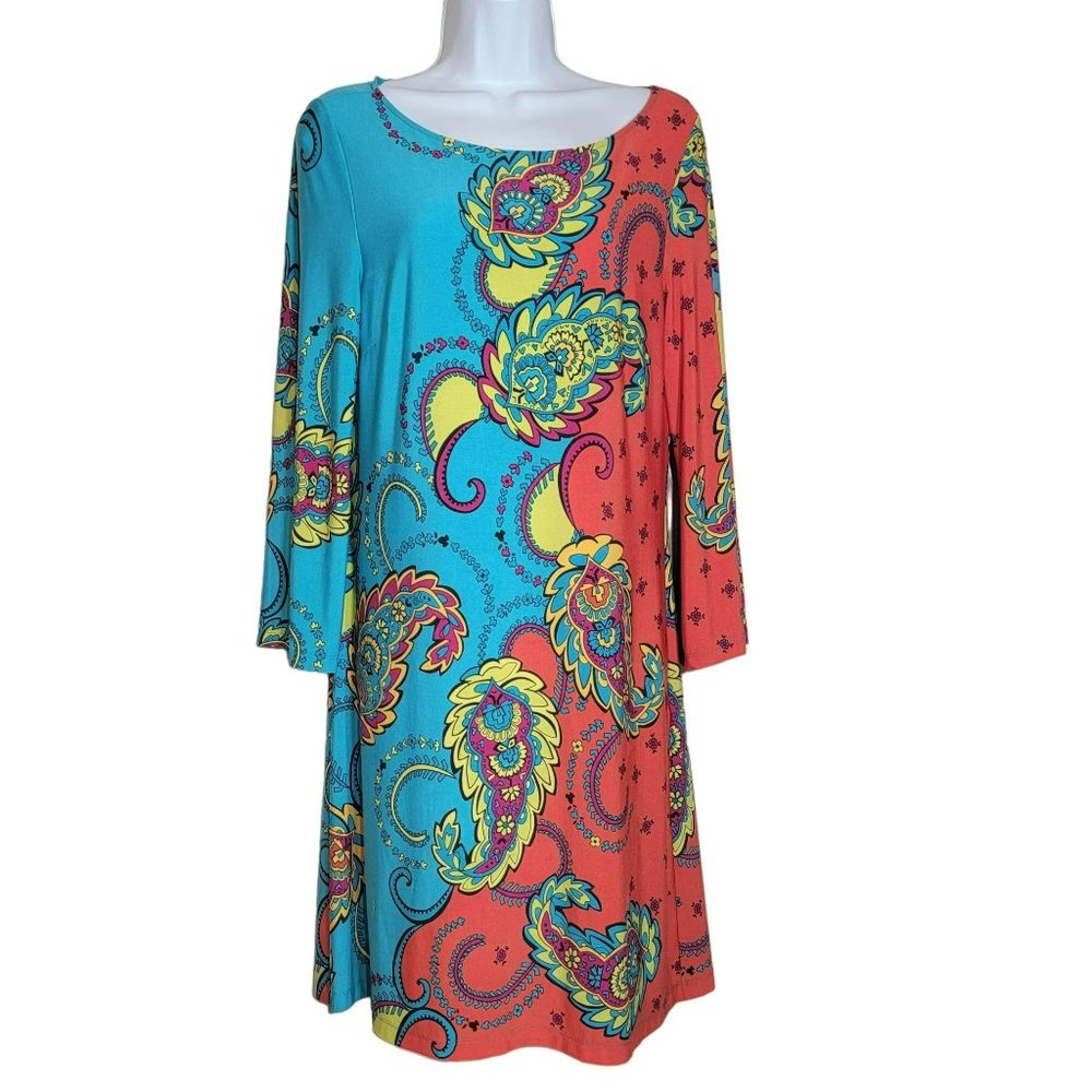 Musette Women's Small Short Boho Dress, Teal and Orange Large Paisley Print - EU